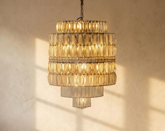 Tiered Crystal Chandelier, 1960s Czechoslovakia, Vintage Mid-Century Elegant Ceiling Light Fixture
