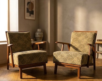 Pair of Armchairs Mid Century Lounge Chairs Wood Frame 1940s Czechoslovakia