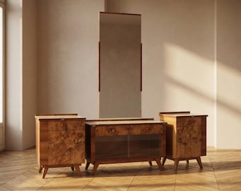 Vintage Dressing Table with Burl Veneer, Large Mirror and Storage Cabinets, Mid-20th Century, Czechoslovak, 38 x 82 x 175 cm
