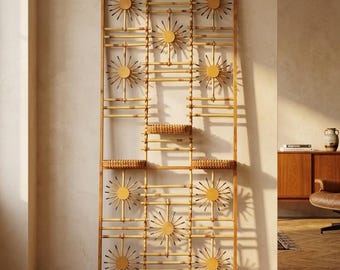 Mid-Century Rattan & Bamboo Room Divider with Sunburst Accents, 1960s Czechoslovakia Folding Screen