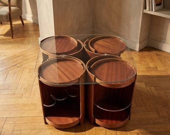 Mid Century Modular Coffee Table, Wood & Glass Table by Dřevotvar Nová Paka, 1970s