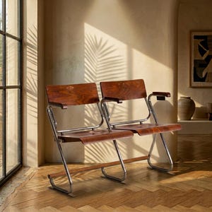 Panca pieghevole, stile Bauhaus, seduta in legno, anni '30, Cecoslovacchia, due posti