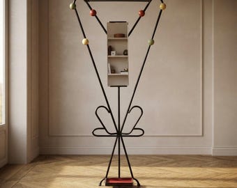 Vintage Coat Rack Attributed to Roger Feraud, Black Metal with Coloured Spheres, 1970s, 180 x 82 x 22 cm