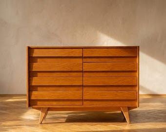 Vintage Czech Chest of Drawers U-453 by Jiří Jiroutek, 1960s, Oak Veneer, 110 × 45 × 77 cm