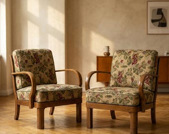 Pair of Thonet Armchairs, Bentwood Lounge Chairs 1940s, Vintage Beech Wood Chairs