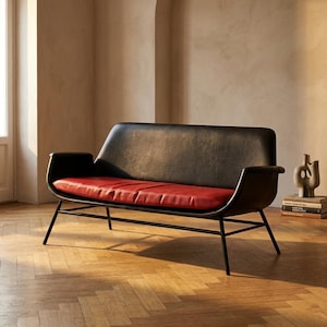 Two Seat Sofa Mid Century Leather Upholstered 1960s Czechoslovakia