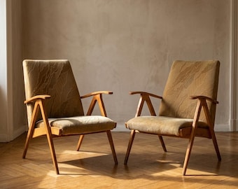 Pair of Mid Century Armchairs, Vintage Wooden Lounge Chairs 1960s, Czechoslovakia
