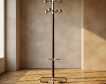 Vintage Coat Rack with Umbrella Stand, Chrome-Plated Metal and Wood, Mid-20th Century, 175 x 42 cm