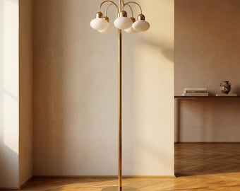 Vintage Brass Floor Lamp with Five Opaline Glass Shades, Mid-Century, Czechoslovakia, 165 × 60 × 30 cm