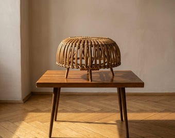 Ottoman Mid-Century Woven Rattan Stool by Franco Albini, 1950s, Italy, 50 × 50 × 30 cm
