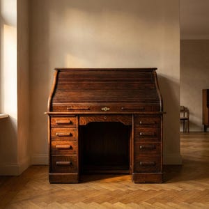 Roll-Top Desk, Solid Oak Writing Desk, 1930s, Czechoslovakia