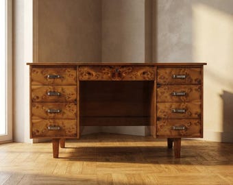 Mid-Century Writing Desk with Burl Veneer and Eight Drawers, Czechoslovakia, 140.5 × 69.5 × 77.5 cm