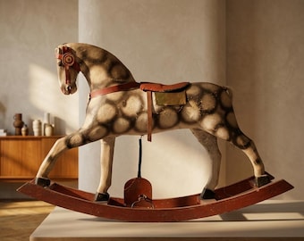 Antique Rocking Horse, 1940s Czechoslovakia, Vintage Wooden Children’s Toy Folk Art Decor
