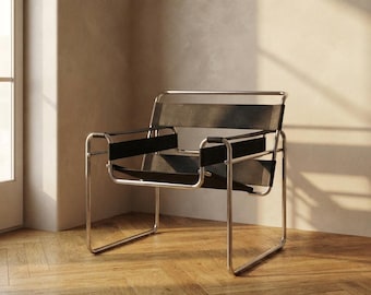 Vintage B3 Wassily-Style Chair, Black Leather, Made in Italy, 1980s, 65 × 78 × 74 cm