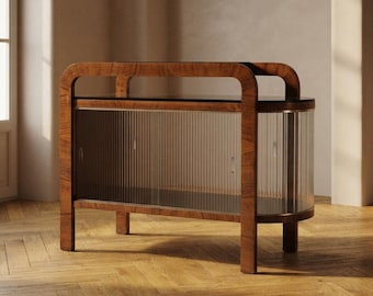 Vintage Art Deco Display Cabinet with Curved Wooden Frame and Glass Doors, 65 × 82 × 39 cm