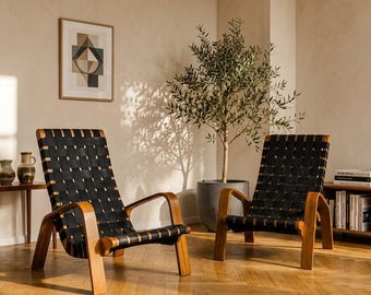 Pair of Mid-Century Woven Wood Armchair, 1950s, Czechoslovakia, 68 × 90 × 100 cm