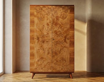 Vintage Mid-Century Wardrobe Cabinet, Burl Wood Veneer, Czechoslovakia, 176 × 116 × 58 cm