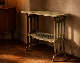 Vintage Metal Table with Integrated Opening and Lower Shelf