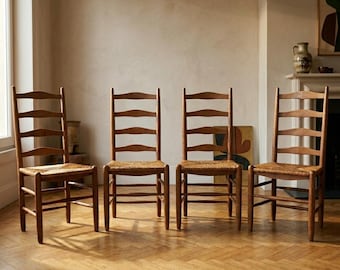 ダイニングチェア、素朴なオーク材のラダーバックチェア、4脚セット、1960年代、ベルギー製、ラッシュシート