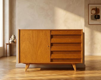 Mid Century Sideboard U-458 Teak Veneer 1960s Czechoslovakia Vintage Credenza Original Condition