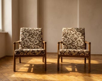 Armchairs Set, Mid-Century, Floral Upholstery, 1960s, Czechoslovakia
