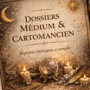 May include: A vintage-style journal with the title "Dossiers Médium & Cartomancien" and the subtitle "Registres mystiques à remplir." The image features a crescent moon, sun, candles, a crystal ball, and tarot cards, evoking a mystical theme.