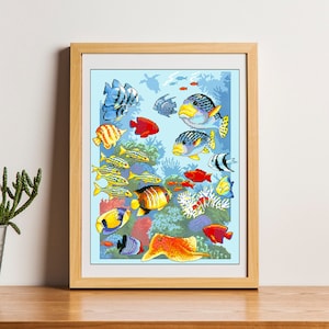 Ocean Life - modern cross stitch pattern PDF, fish sea underwater life cross stitch chart, boho wall decor, embroidery. Digital Format PDF