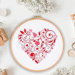 Heart - modern cross stitch pattern PDF, flower heart LOVE xstitch, Valentine&#39;s Day gift boho wall decor art - digital format PDF