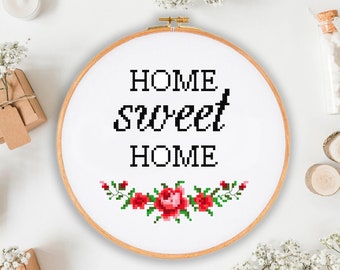 Home Sweet Home クロスステッチ図案 PDF、Home Sweet Home 刺繍、モダンな名言クロスステッチ図案。新築祝いのギフト。デジタルファイル PDF