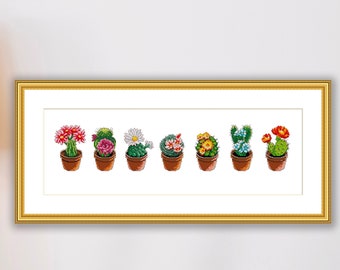Könnte beinhalten: Ein gerahmtes Kreuzstich-Kunstwerk mit einer Reihe von sieben Topfkakteen in verschiedenen Farben und Stilen, darunter rosa, rot, gelb, weiß und grün.