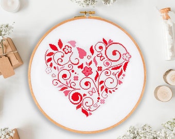 Heart - modern cross stitch pattern PDF, flower heart LOVE xstitch, Valentine's Day gift boho wall decor art - digital format PDF