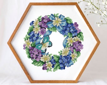 Flower Wreath - floral cross stitch pattern, Hydrangea flower cross stitch chart, boho wall decor art embroidery - digital download PDF