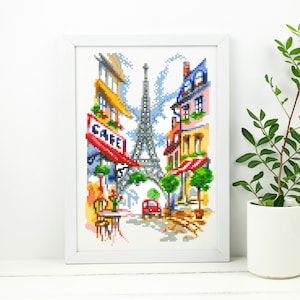 Streets of Paris - beautiful modern cross stitch pattern, Eiffel tower, France, landscape boho wall art home decor. Digital Format PDF