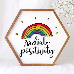 Radiate Positivity - motivational quote cross stitch chart, counted x stitch pattern, LGBTQ, Pride, rainbow, wall poster. Digital Format PDF