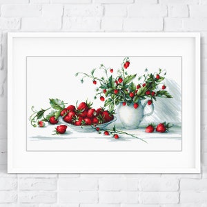 Aardbeien kruissteekpatroon - getelde kruissteekkaart, kruissteek eten, boho muurkunst woondecoratie. Digitaal formaat pdf