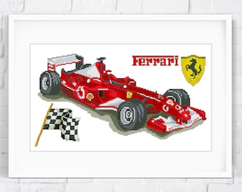 Ferrari - modèle de point de croix moderne de voiture de sport rouge, grille de point de croix de voiture de course, décoration murale boho de taureau rouge course d'art - format numérique PDF
