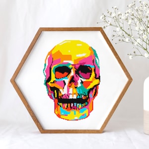 Skull Pop Art Cross Stitch Pattern PDF, modern cross stitch chart, skull cross stitch design, DIY wall home decor, instant download.