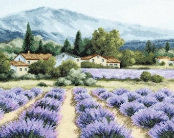 Kit de punto de cruz Campo de lavanda, kit de bordado con patrón de punto de cruz moderno de naturaleza. Regalo perfecto para ella. Fabricado en UCRANIA