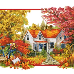 Herfstlandschap - getelde kruissteekkaart, modern kruissteekpatroon pdf, herfst, pompoen, boho wanddecoratiekunst. Digitaal bestand pdf