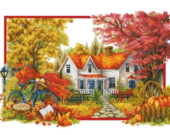 Autumn Landscape - counted cross stitch chart, modern cross stitch pattern PDF, fall, pumpkin, boho wall decor art. Digital file PDF