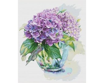 Hortensias - KIT de punto de cruz, kit de bordado con patrón de punto de cruz moderno con motivos florales. Regalo perfecto para ella. Fabricado en UCRANIA