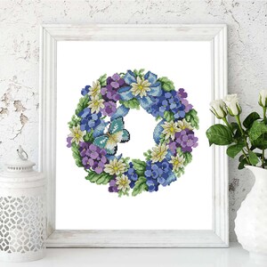 Flower Wreath - Floral Cross Stitch Pattern, Hydrangea Flower Cross ...