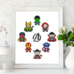 Avengers kruissteekpatroon pdf / Marvel Comics Superheroes xstitch-kaart, Marvel kruissteek / DC-kruissteek, Thor, Loki, Iron Man enz