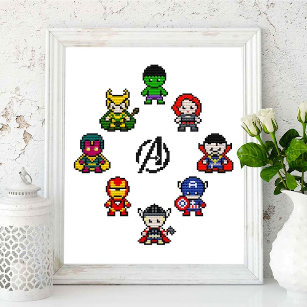 Avengers cross stitch pattern PDF / Marvel Comics Superheroes xstitch chart, Marvel cross stitch / DC cross stitch, Thor, Loki, Iron Man etc