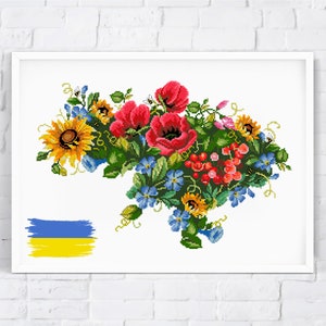 Blumen UKRAINE - modernes Kreuzstichmuster, Blumen Karte von Ukraine Kreuzstichmuster, Boho Wand Dekor. Stoppt den Krieg in der Ukraine. PDF Datei