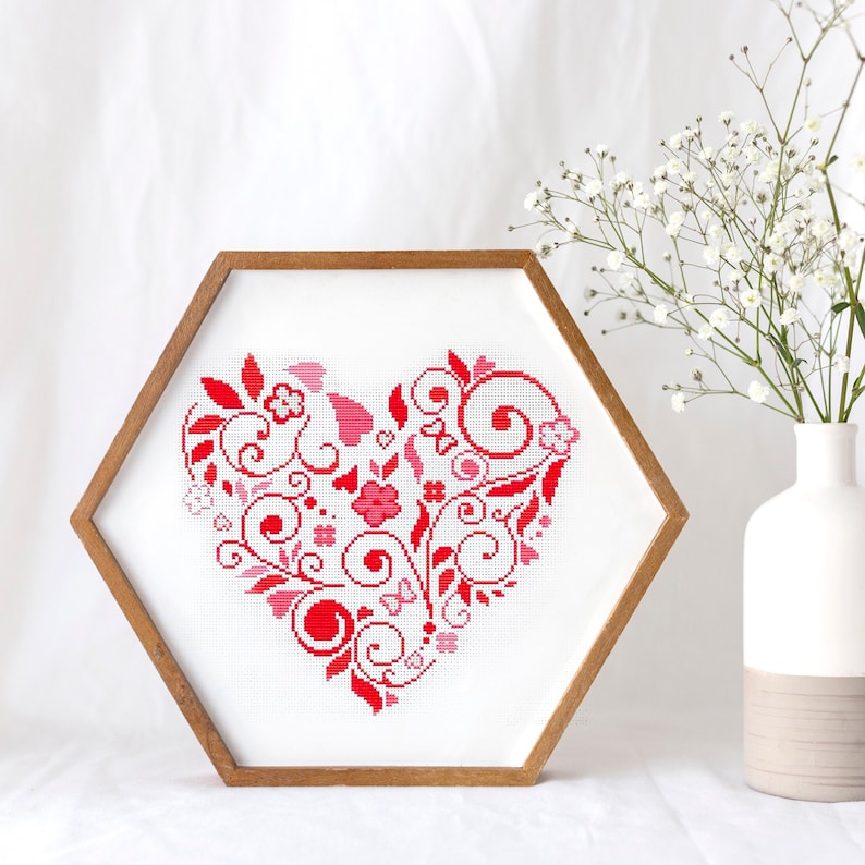 Heart modern cross stitch pattern PDF, flower heart LOVE xstitch, Valentine's Day gift boho wall decor art digital format PDF image 3