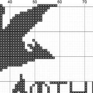 May include: Black and white pixel art design of a bird in flight. The bird is facing the right side of the image and has a long, pointed beak. The bird is surrounded by a grid of black squares.