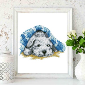 Puppy Under The Blanket: patrón de punto de cruz contado, gráfico de punto de cruz de perro, punto de cruz de cachorro, arte de decoración de pared boho. Archivo PDF