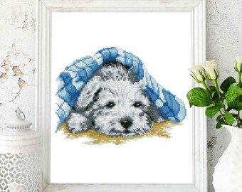 Puppy Under The Blanket - counted cross stitch pattern, dog cross stitch chart, puppy cross stitch, boho wall decor art.  PDF file