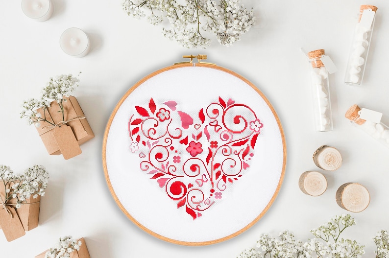 Heart modern cross stitch pattern PDF, flower heart LOVE xstitch, Valentine's Day gift boho wall decor art digital format PDF image 1